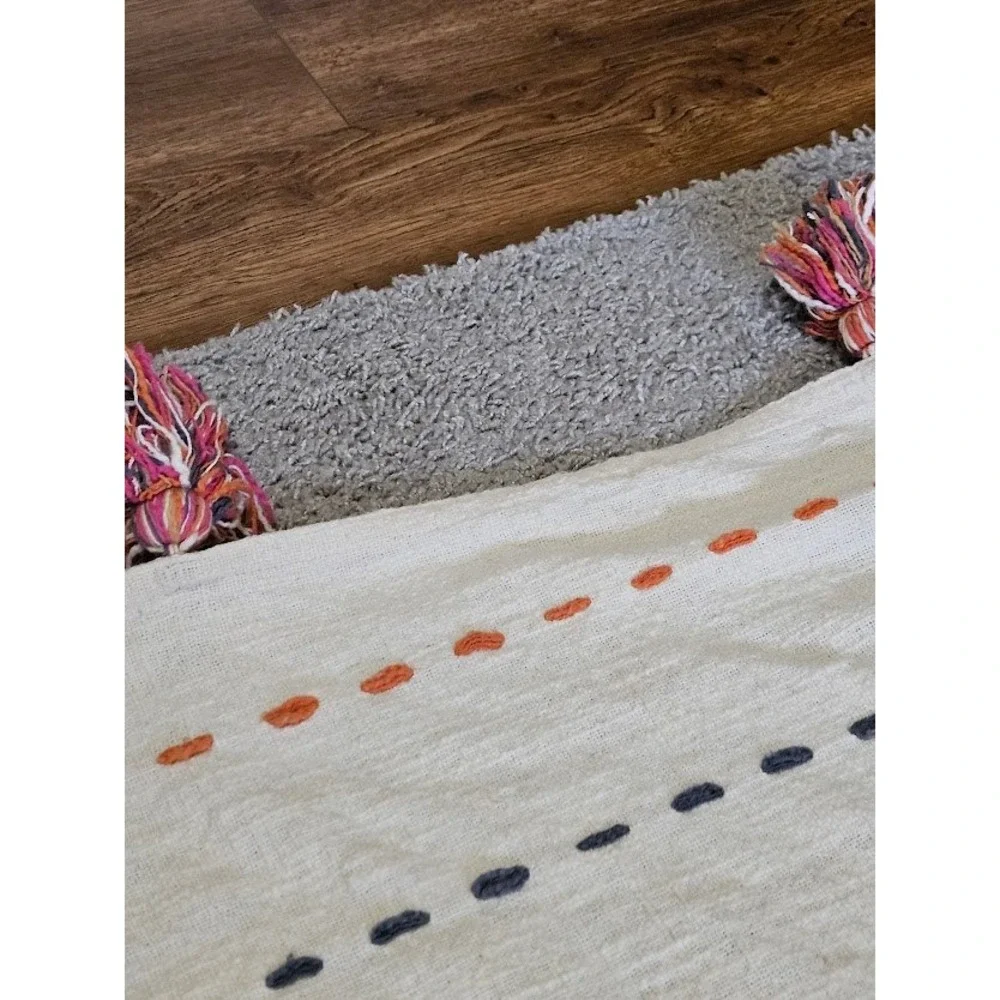 Boho Textured Woven Throw Blanket with Colorful Embroidery and Large Tassels